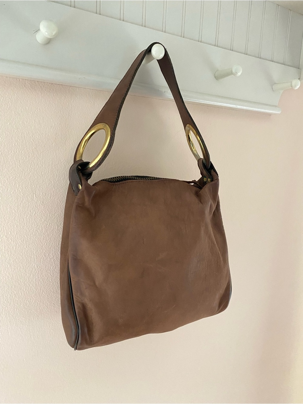 Classic Brown Leather Shoulder Bag with Gold Ring Accents